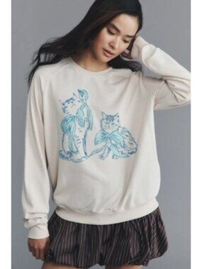 Maeve Animal Friends Crew-Neck Pullover Sweatshirt Women's Size XS Blue White
